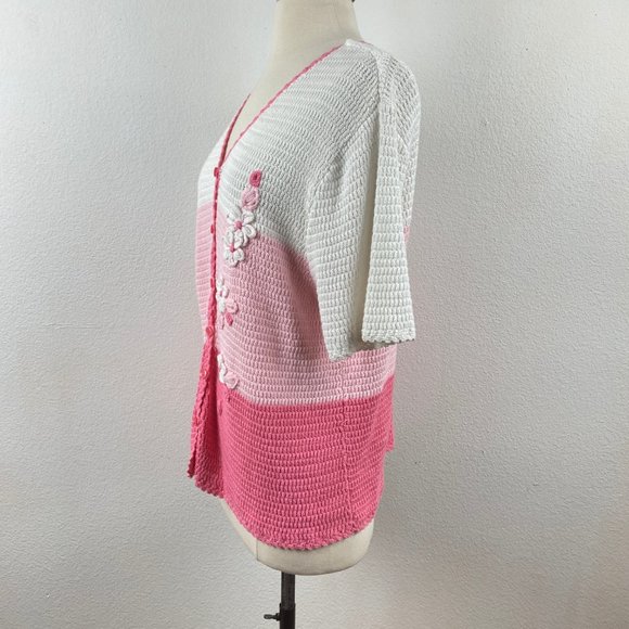 Vintage 90s Sag Harbor Pink Knit Sweater Top 100% Cotton Short Sleeves Spring Lg - Picture 5 of 8